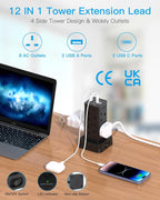 3M Tower Extension Lead with 2 USB C Slots, 8 Way Outlets Power Strip, 10Ft