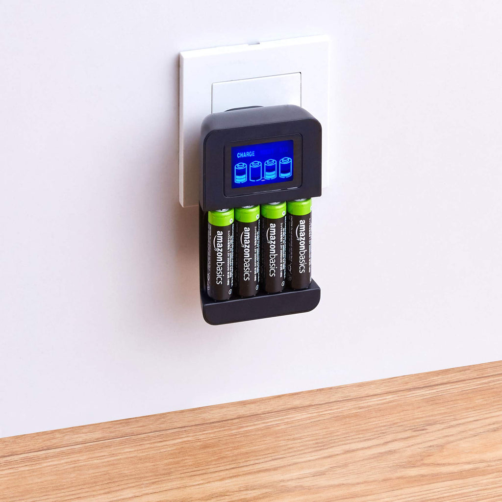 Amazon Basics Battery Charger for Rechargeable AA and AAA NiMh Batteries – UK Plug, 4-Bay, Black