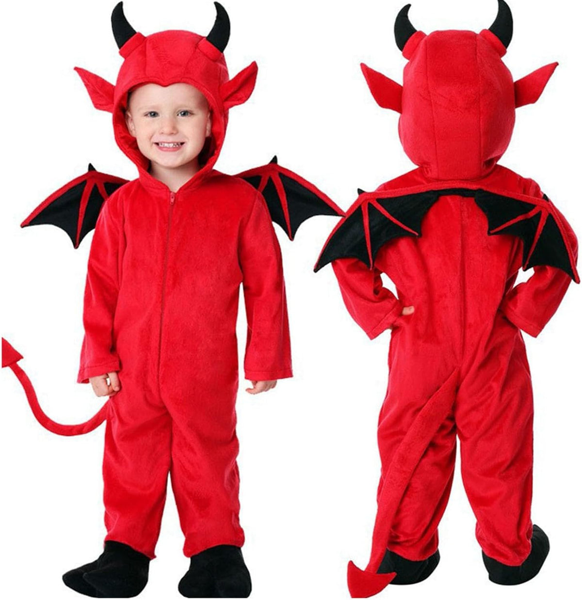 Toddler Halloween Devil Jumpsuits Flannel Front Zipper Hooded Devil Onesie Costume with Wing Fleece Warm Jumpsuit Kids Birthday Party Performance Outfit
