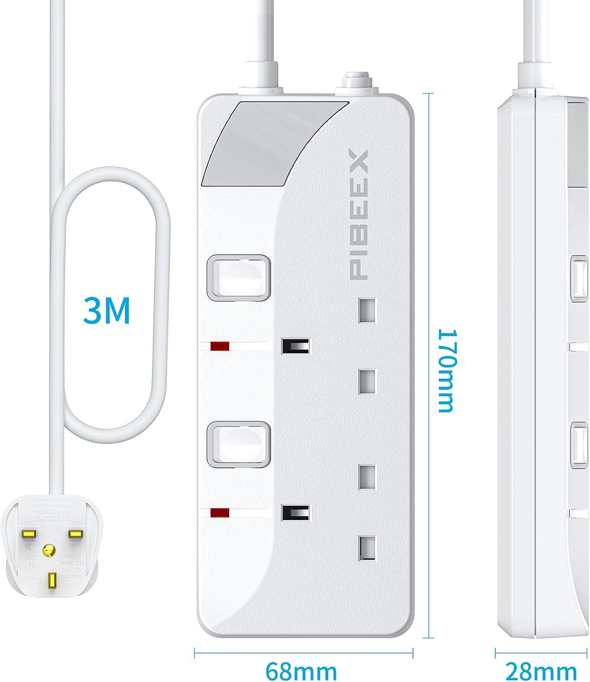 PIBEEX Extension Lead 2 Way Plug Sockets with Individual Switches Wall Mountable Power Strip 3M Extension Cable 13A Fused UK Plug 3250W