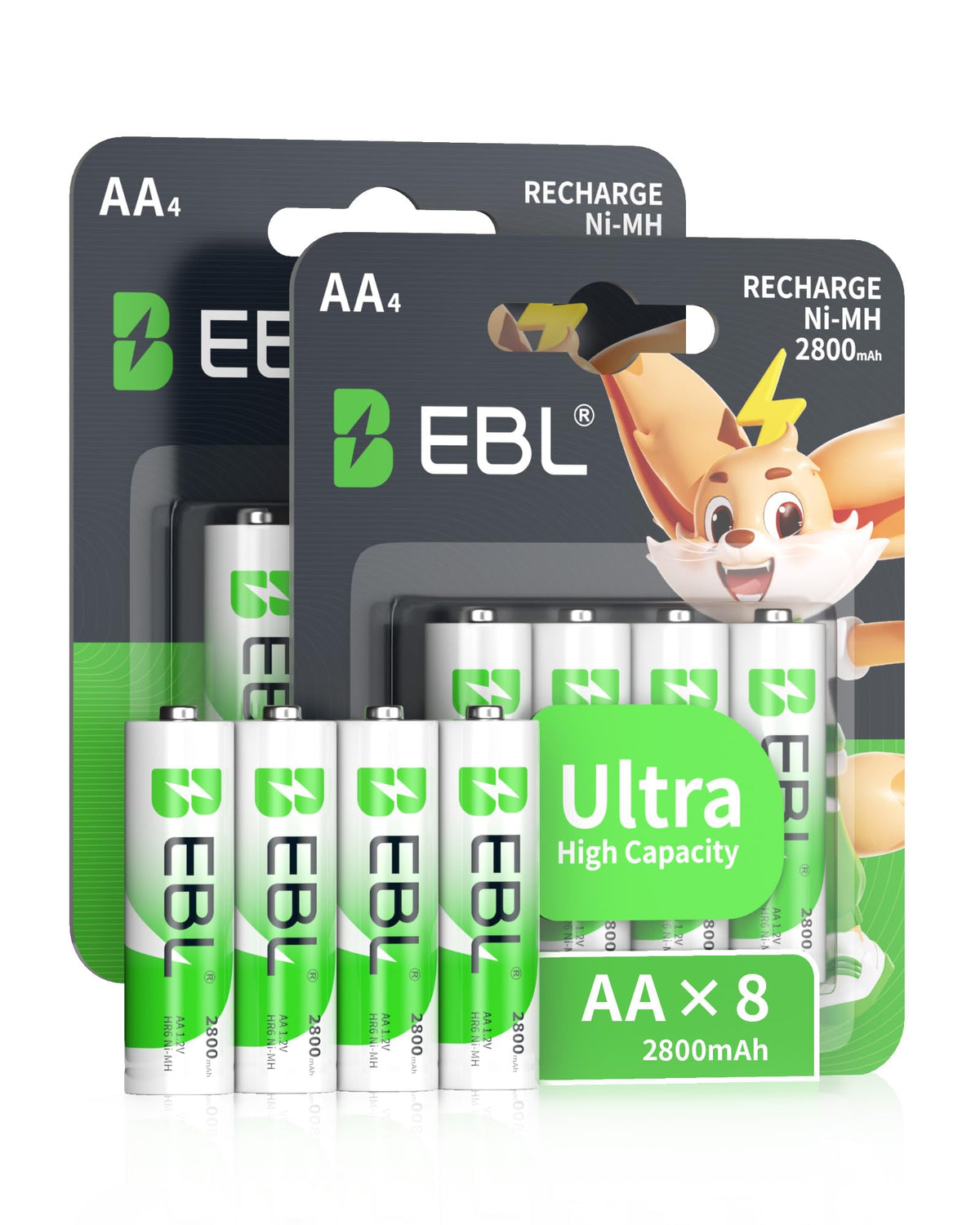 EBL High Capacity 2800mAh AA Rechargeable Batteries with New Retail Package [Pack of 4] (Packaging being updated)