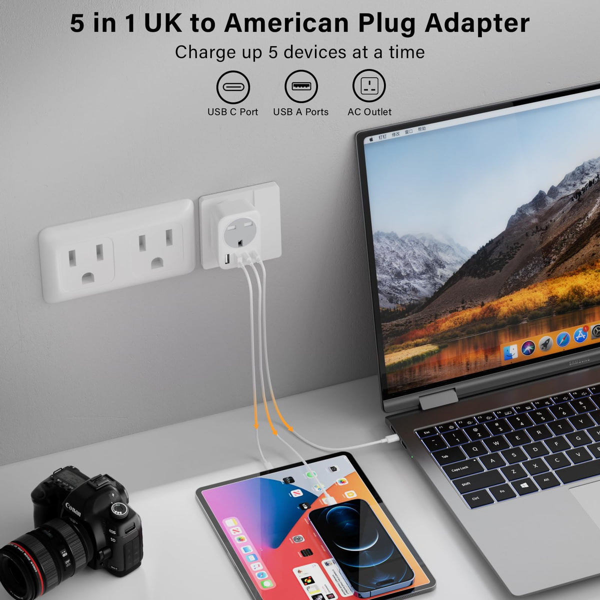 2 Pack UK To European Plug Adapter, 5 IN 1 European Travel Adaptor with 2 USB C & 2 USB A, EU Plug Adapter for Germany Spain France Turkey Greece etc (Type E/F)