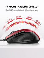 TECKNET USB Wired Mouse,6400 DPI Optical,6-Button Ergonomic Computer Mouse
