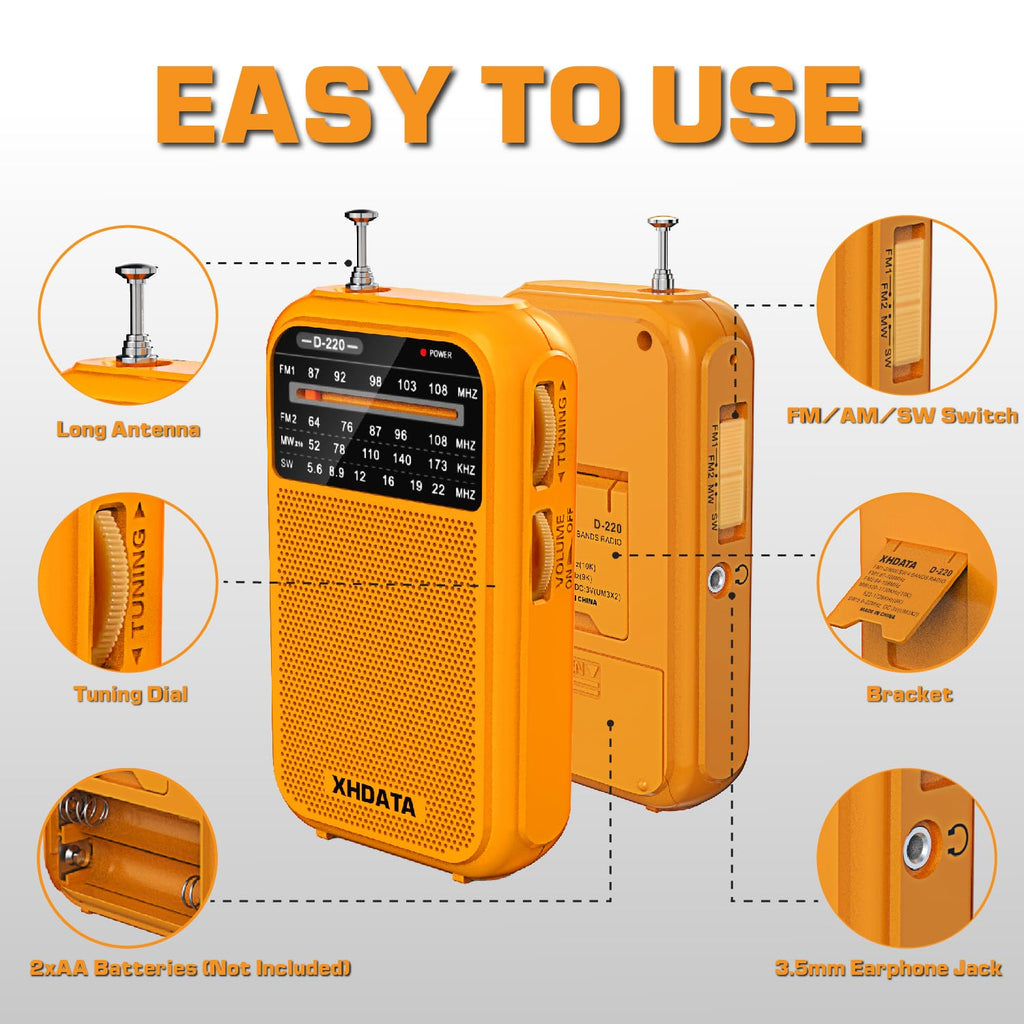 XHDATA D219 Portable Radio Retro FM AM SW Radio Battery Operated for Household Outdoor Camping Hiking Pocket Radio Beige