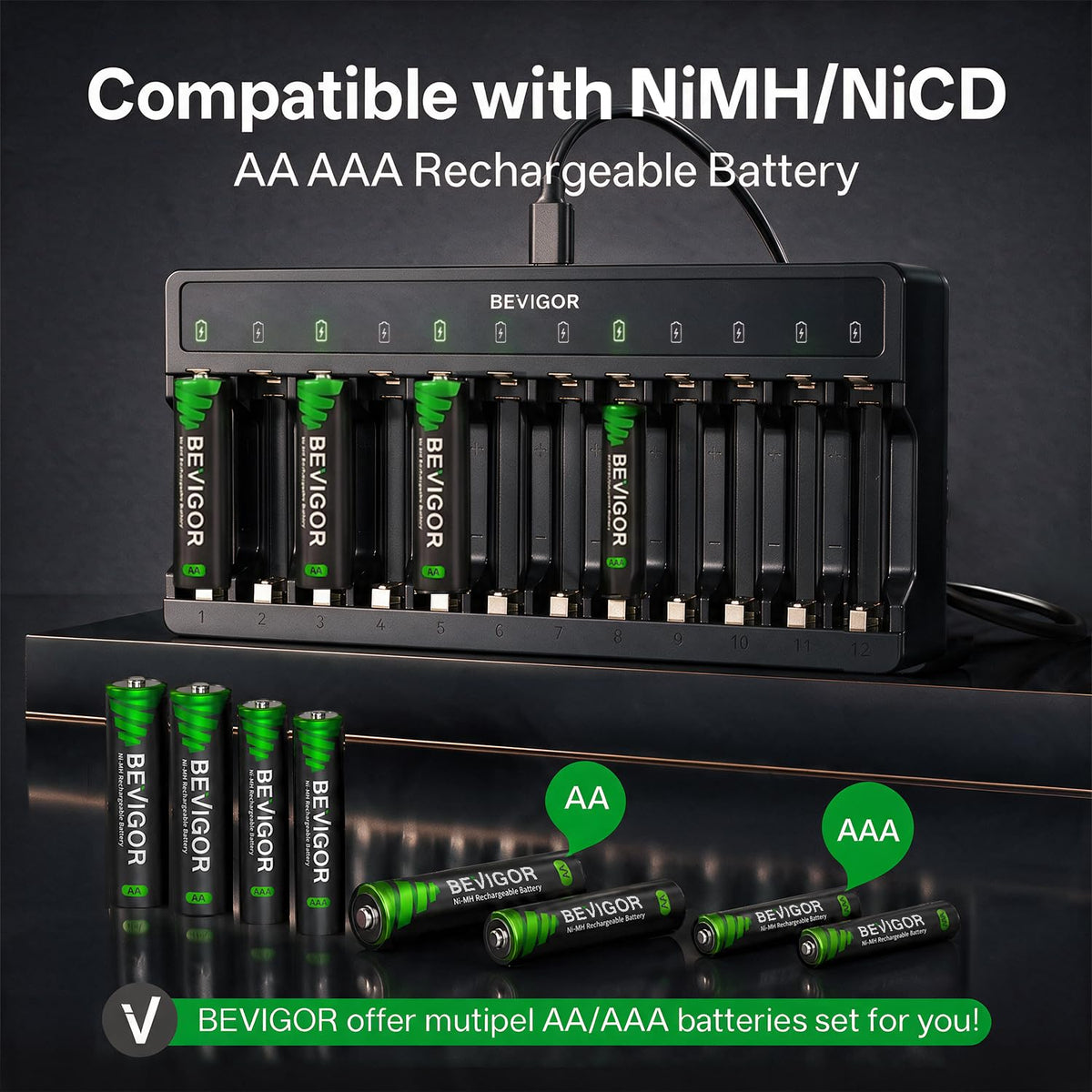BEVIGOR 12 Slot Battery Charger with 12 Pack AA Rechargeable Batteries