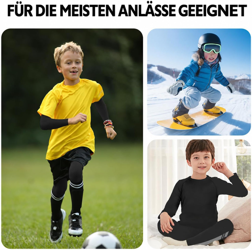 Kids Base Layer - Fleece Lined Athletic football skins, Warm Football Skins Long Sleeve Top and Leggings Compression Set, Reflective Line Thermal Underwear for Biking, Ski & Running