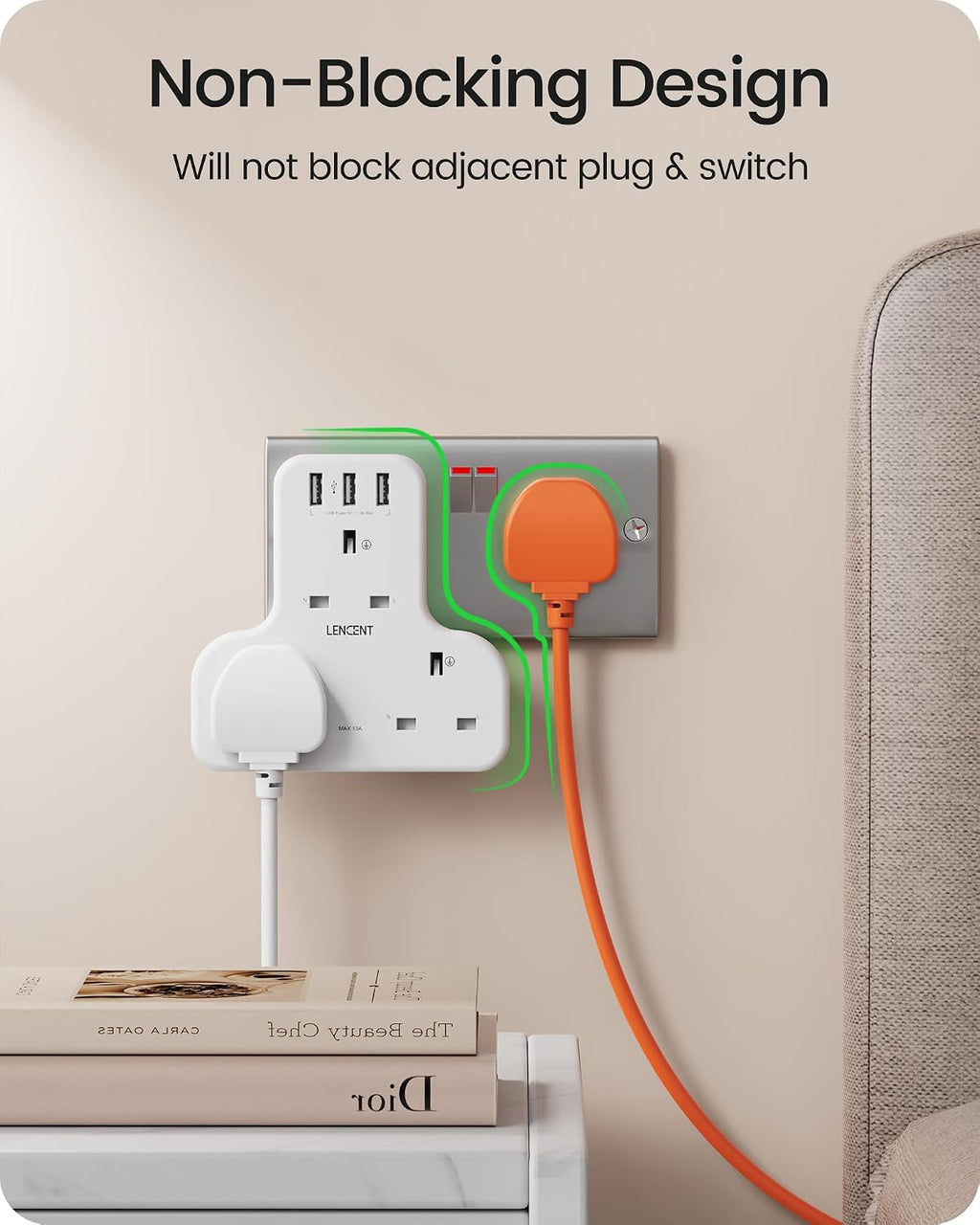 LENCENT Plug Extension Socket, 3 Way Multi Plug Socket with 3 USB Ports