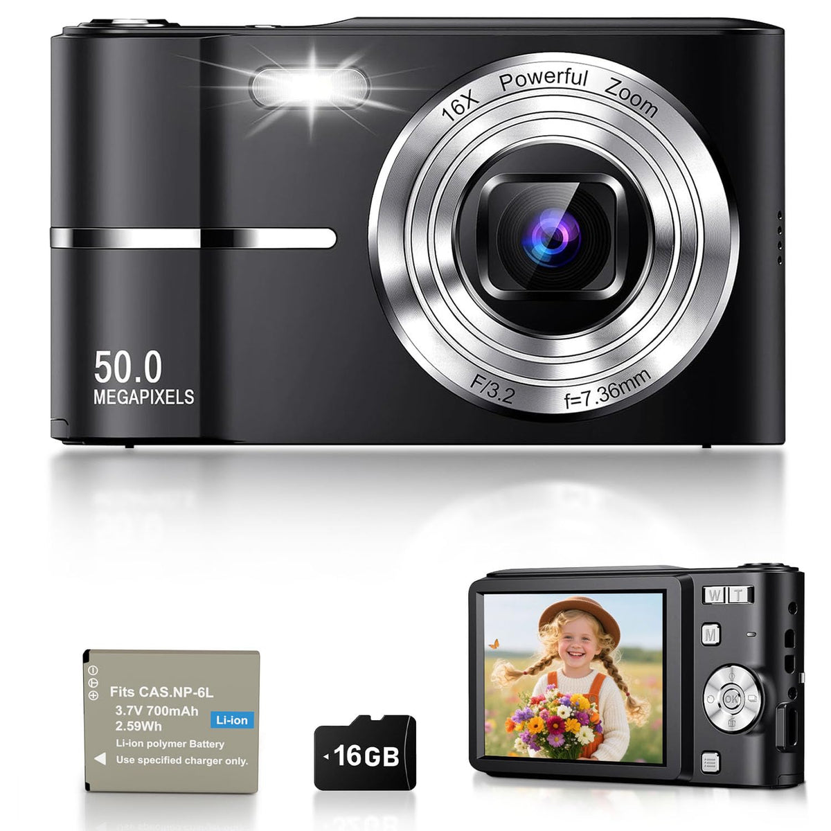 Digital Camera, 1080P FHD Vlogging Camera 50MP Compact Portable Photo Camera with 2.4" Screen, 16X Digital Zoom Mini Small Pocket Camera for Kids Students with 1 Battery, 16GB Card (Pink)