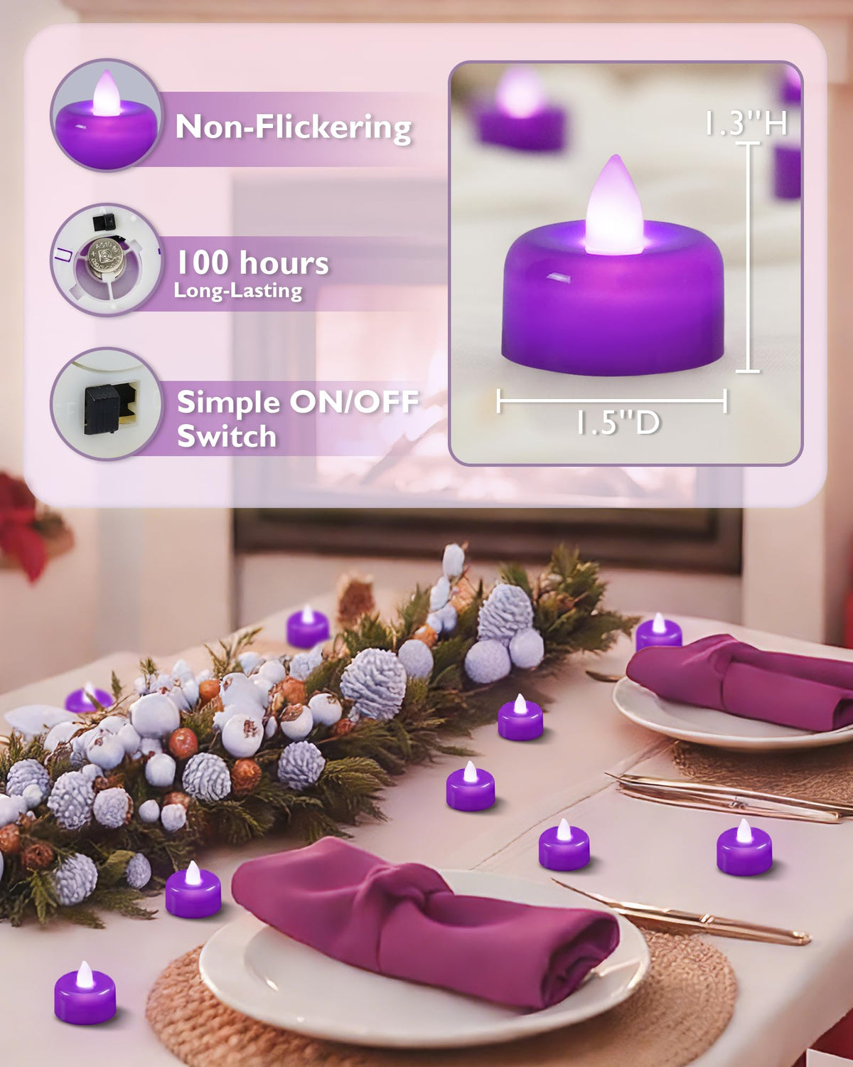 Amagic 24Pack Purple Flameless LED Tea Lights Candles Battery Operated