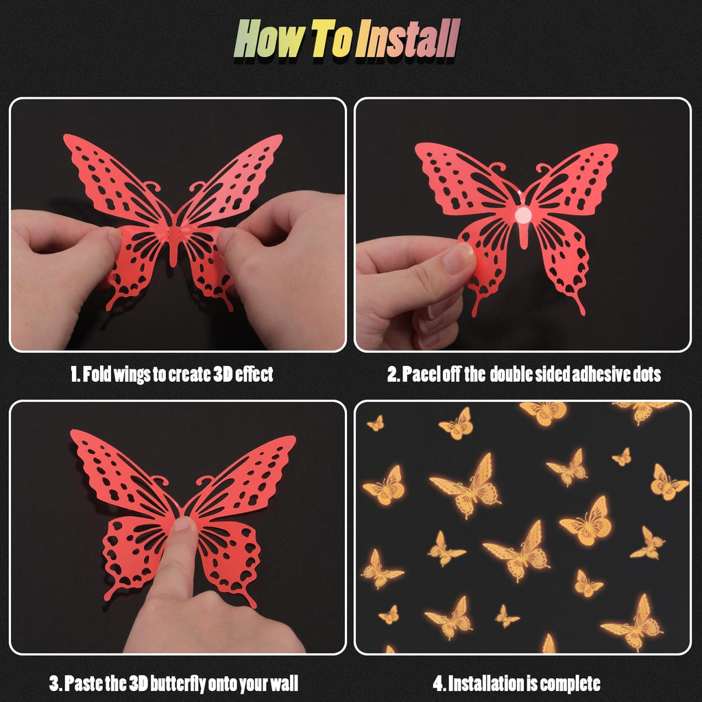 SAOROPEB 3D Butterfly Wall Decor 48 Pcs Gold Butterfly Birthday Decorations