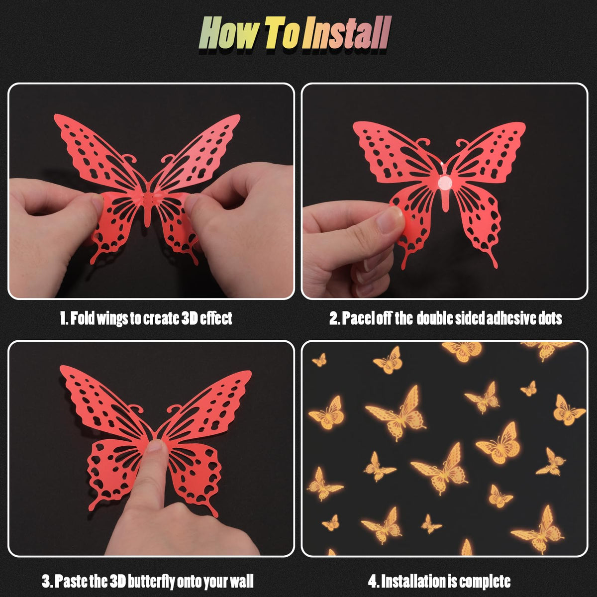SAOROPEB 3D Butterfly Wall Decor 48 Pcs Gold Butterfly Birthday Decorations