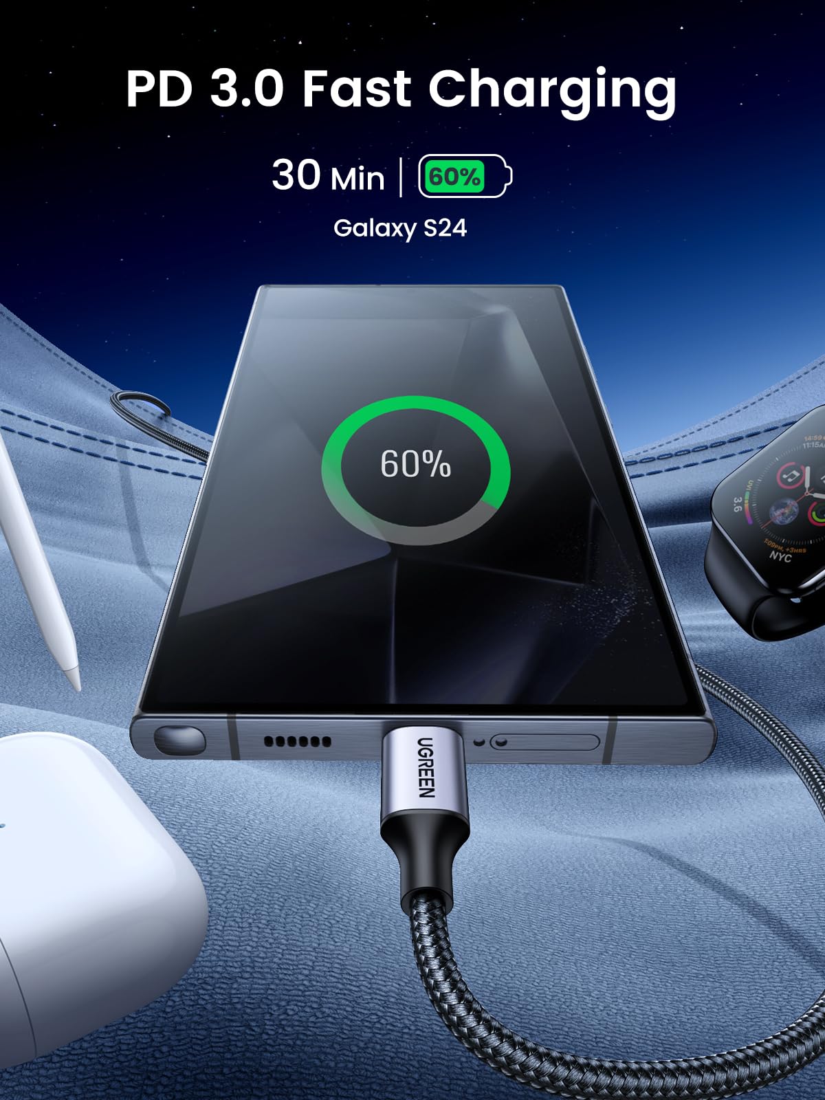 UGREEN 60W USB C to USB-C Charger Cable, Nylon Braided, 1M