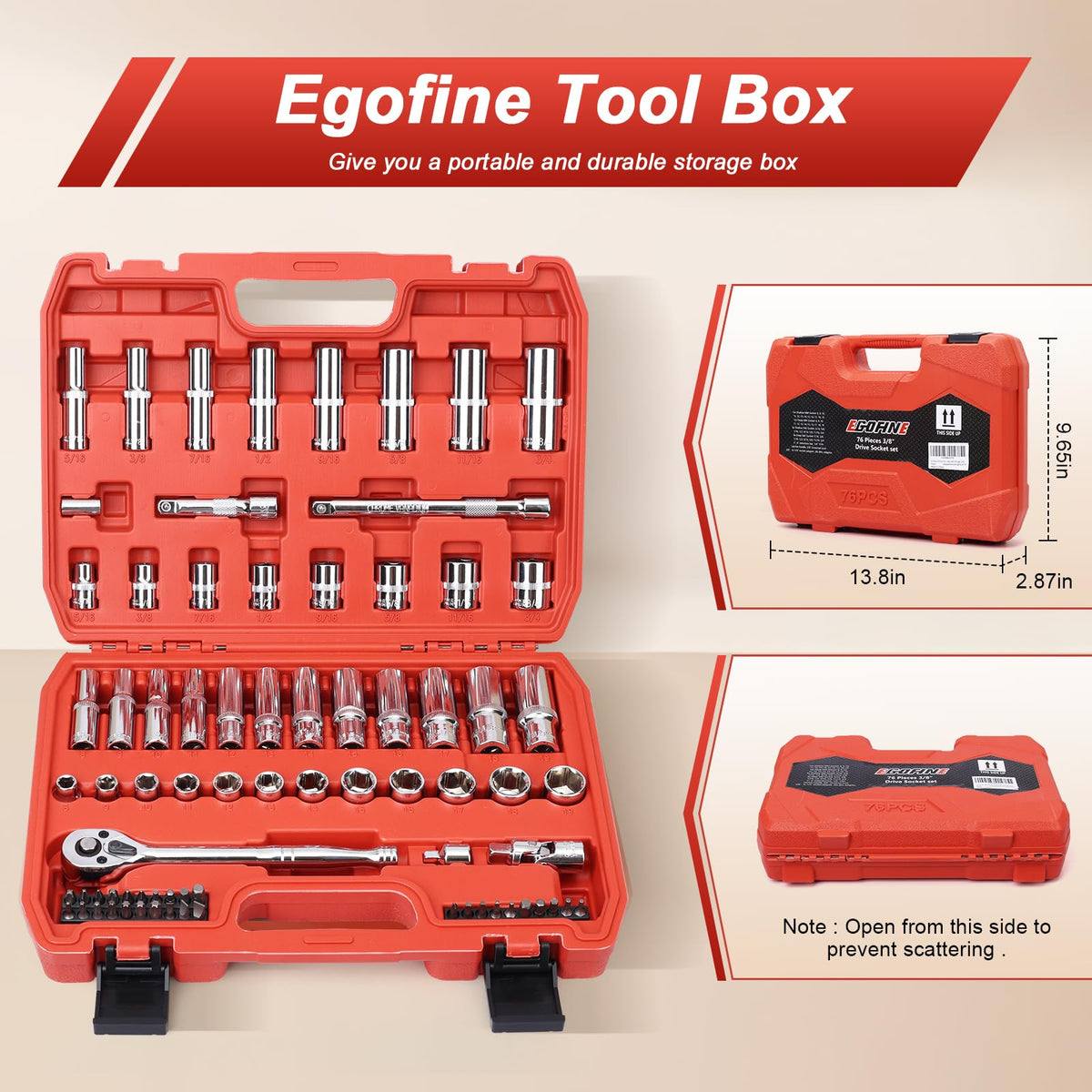 Egofine 46 Pieces 1/4 inch Drive Socket Ratchet Wrench Set, with Bit Socket Set Metric and Extension Bar for Auto Repairing and Household, with Storage Case