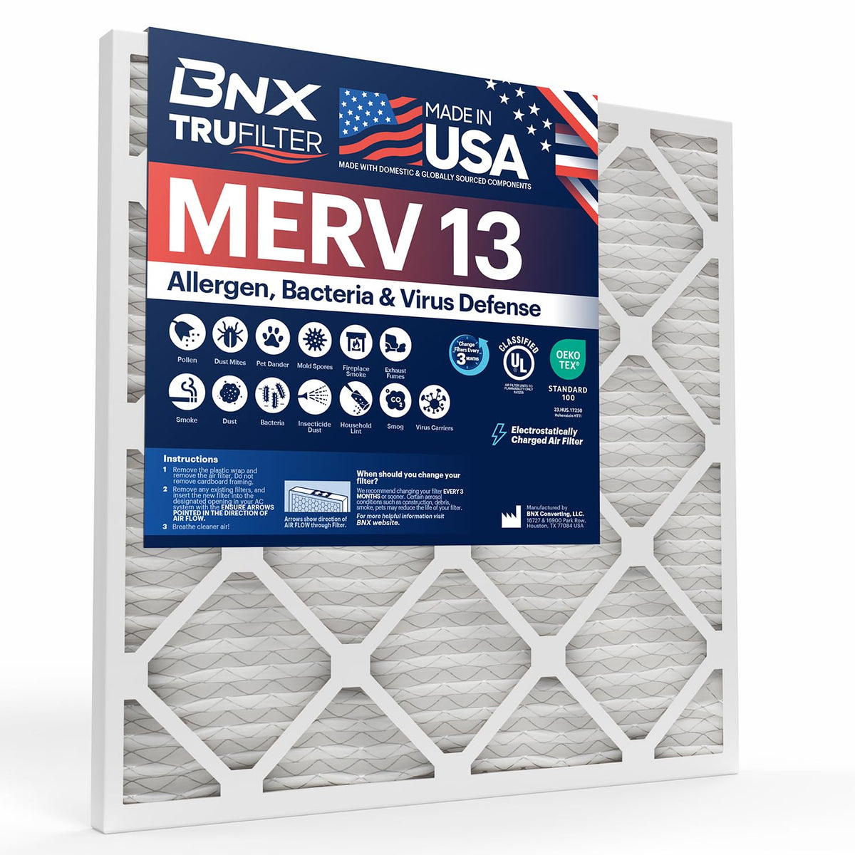 BNX TruFilter 20x20x1 Air Filter MERV 13 Smoke, Allergy, Pet Defense 6-Pack