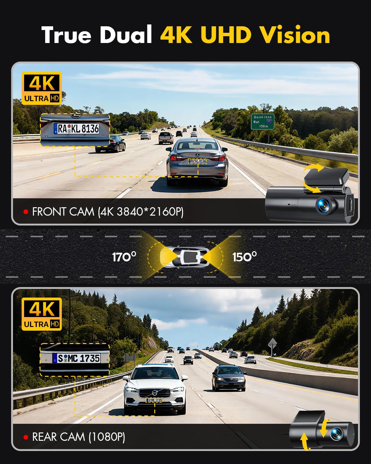 GKU 4K Dash Cam Front and Rear, 5GHz WiFi GPS, 64GB SD Card Included