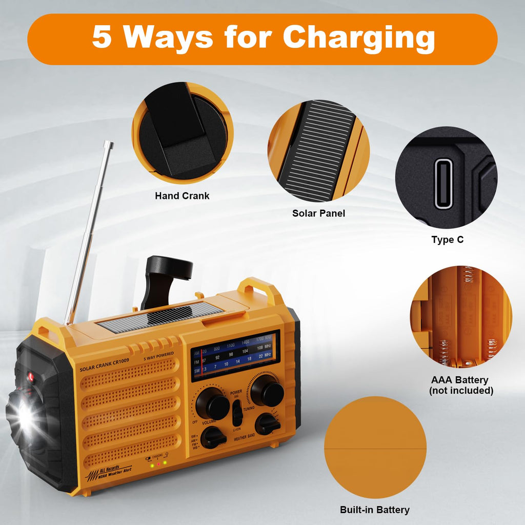 Mesqool Portable Wind Up Hand Crank and Solar Powered Radio with USB Phone Charger, Emergency Radio with SOS Alarm and Flashlight, AM/FM/SW Radio with 12000mAh Rechargeable Battery for Outdoor