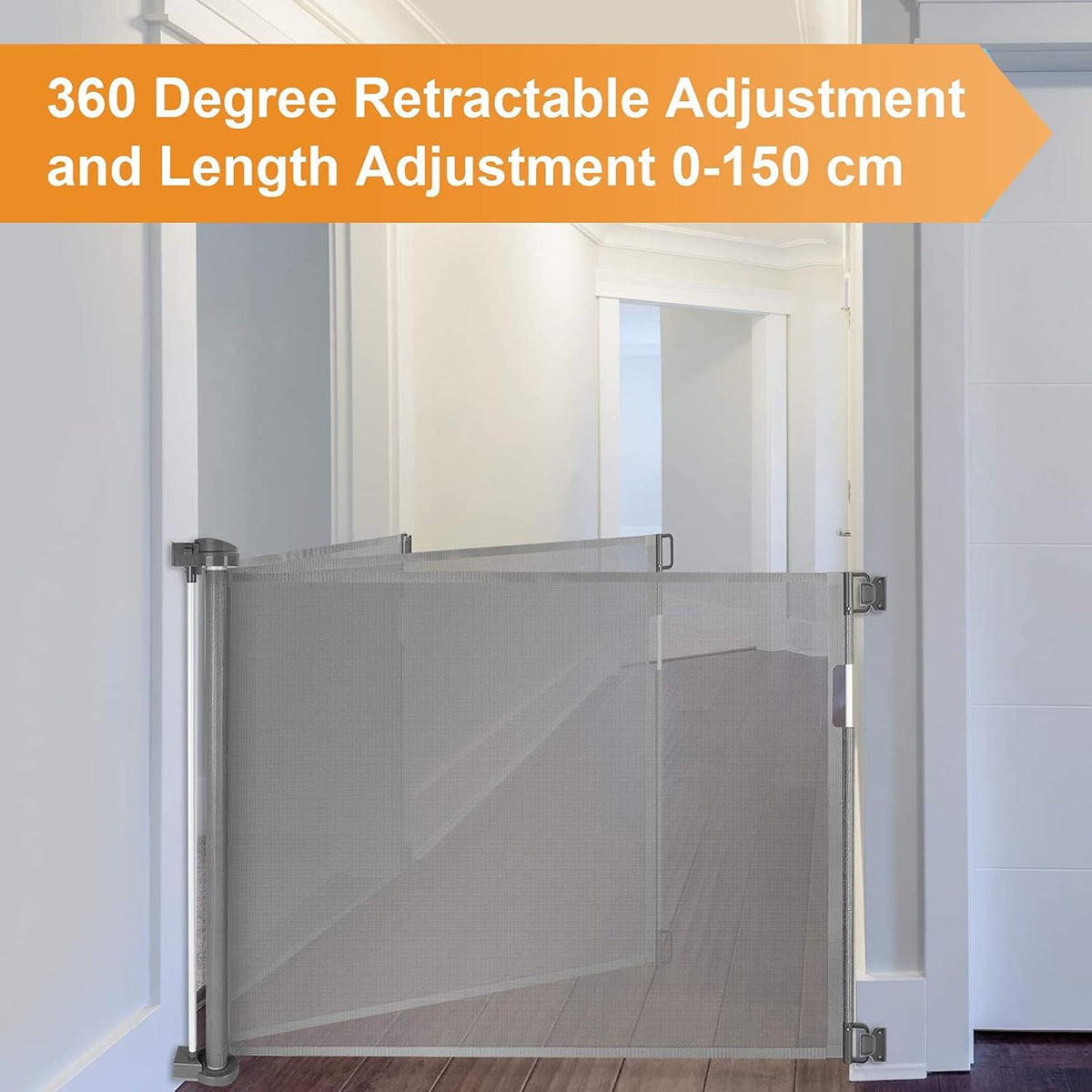 Retractable Stair Gate for Baby, Extra Wider Safety Dog Gate 150cm, 86cm Tall, One Hand Operated Baby Gate for Stairways & Hallways, Indoor & Outdoor, Grey (150cm)