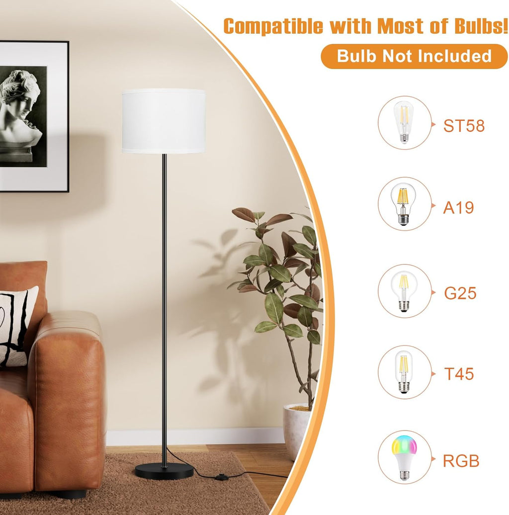 Ambimall Floor Lamp for Living Room with Smart Light Bulb, RGB + Stepless Dimmable Colors Temperature & Brightness(White Shade & Black Pole)