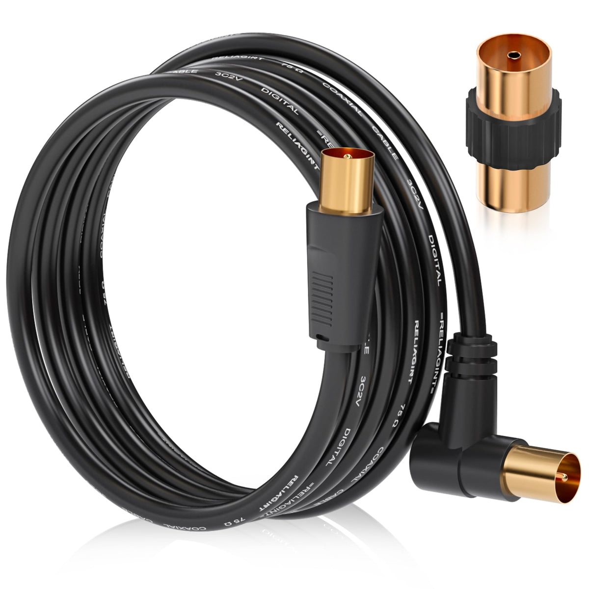 TV Aerial Cable 10m, 75 Ohm Coaxial Lead, IEC 9.5mm Male to Male 3C2V Pure Copper Dual Shielded, Right-Angle Connector, Female to Female Adaptor Included, Black