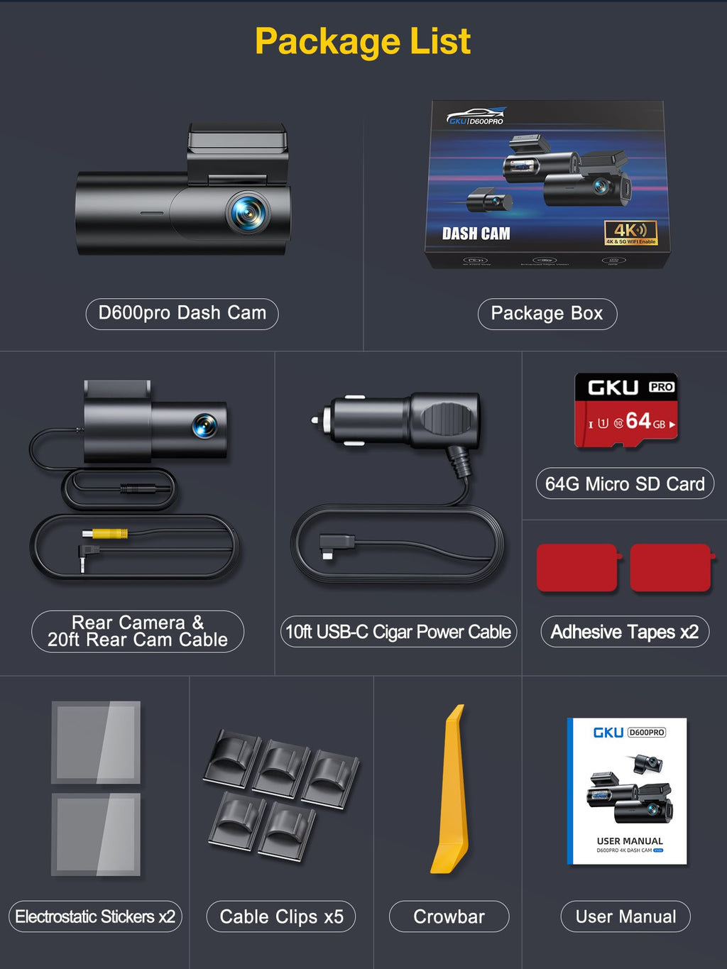 GKU 4K Dash Cam Front and Rear, 5GHz WiFi Dashcam with 64GB SD Card