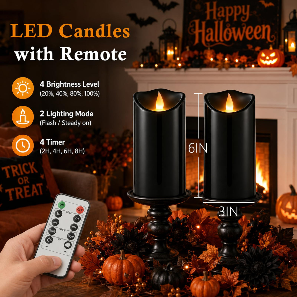 Outdoor Flameless Candles, Patented 3D Dual-LED, Set of 2 Slanted Plastic Pillars with Remote, Waterproof Non-Melting Battery Operated Decor for Bathroom Bedroom Gift, Black (D3 x H6)