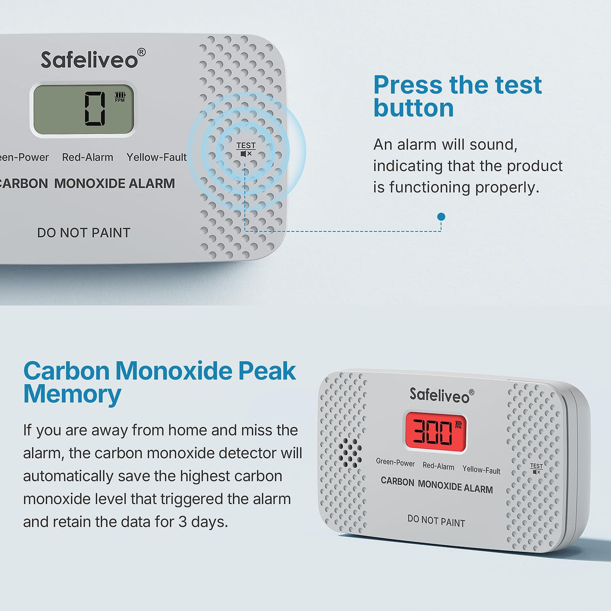 Safeliveo Carbon Monoxide Detector with Replaceable Battery, White, 2Pack