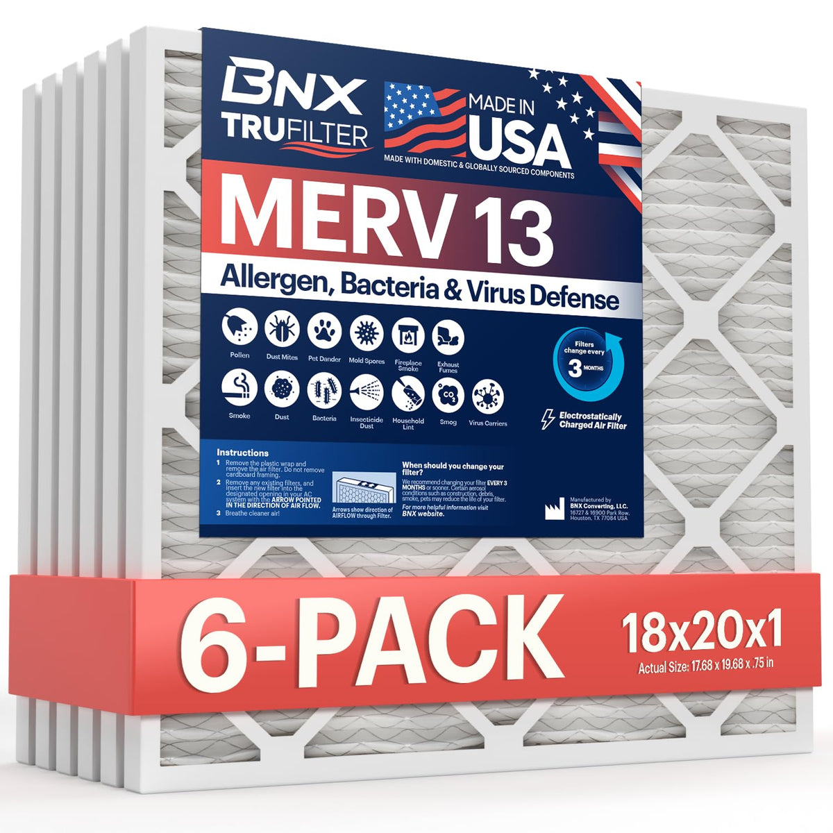 BNX TruFilter 20x20x1 Air Filter MERV 13 Smoke, Allergy, Pet Defense 6-Pack