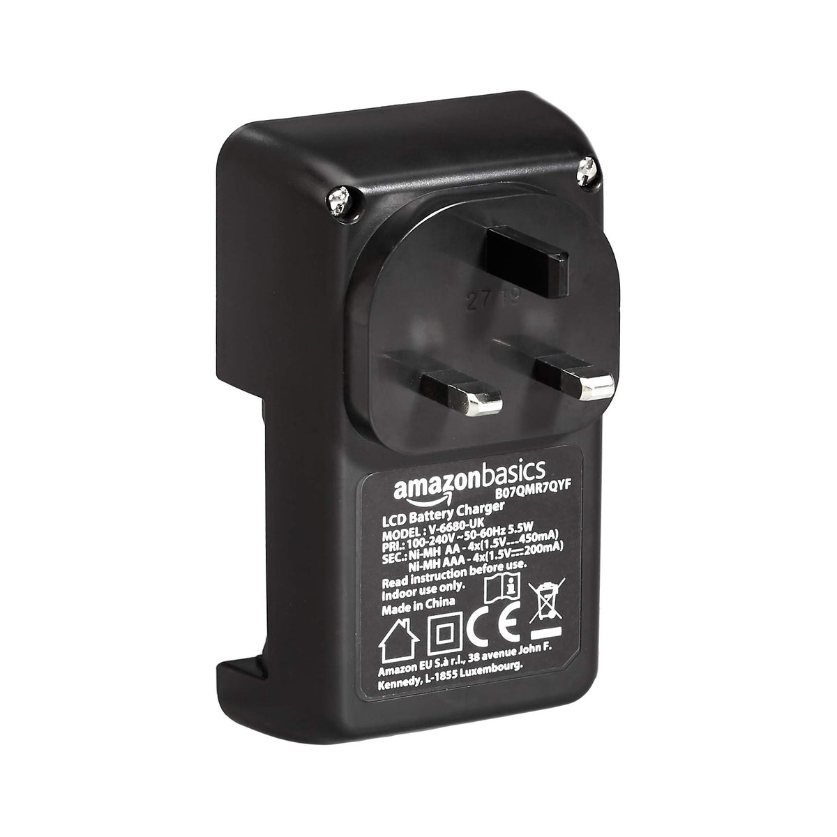 Amazon Basics Battery Charger for Rechargeable AA and AAA NiMh Batteries – UK Plug, 4-Bay, Black