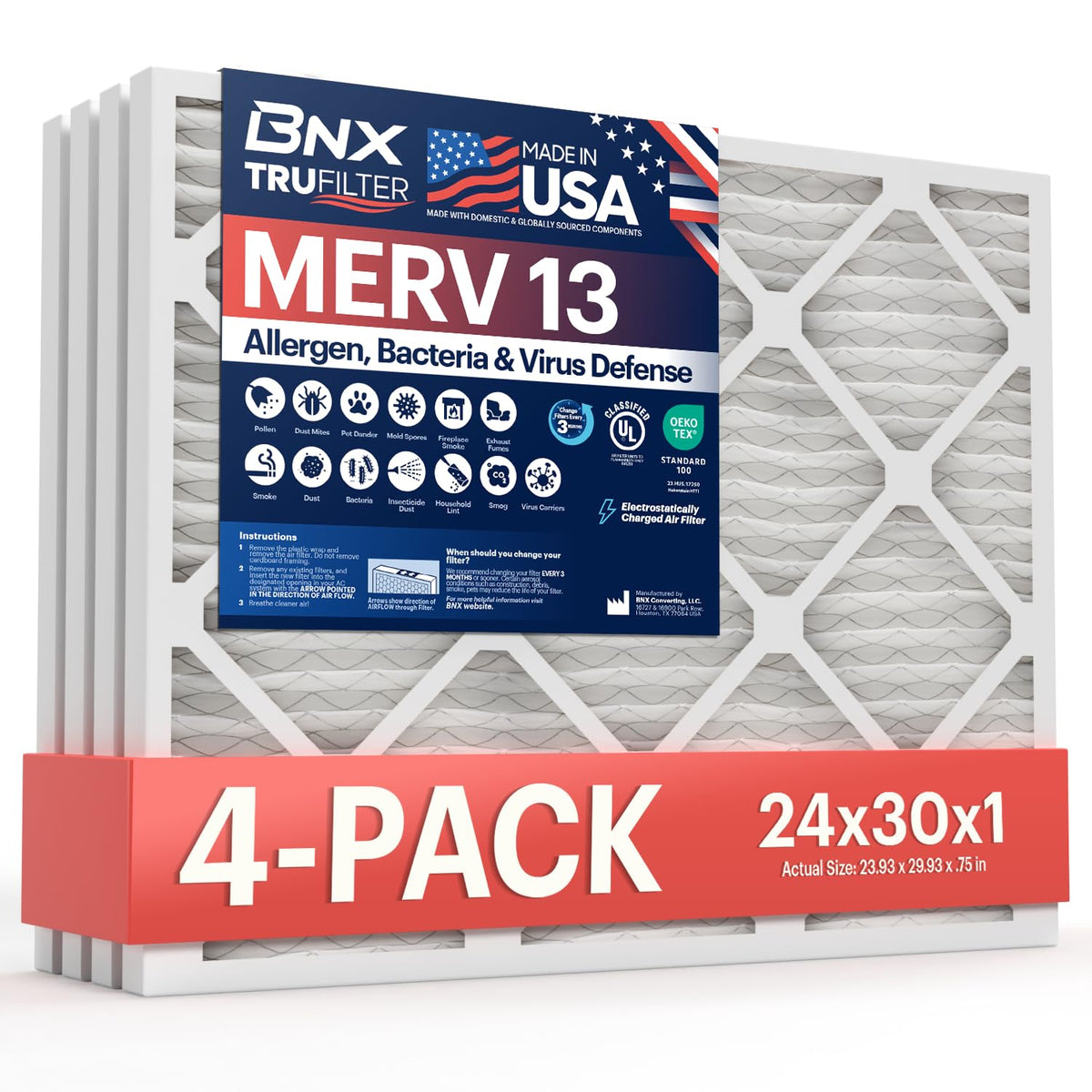 BNX TruFilter 20x20x1 Air Filter MERV 13 Smoke, Allergy, Pet Defense 6-Pack