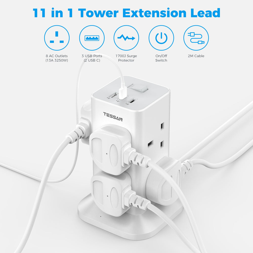 TESSAN Tower Black Extension Lead with USB C Slots