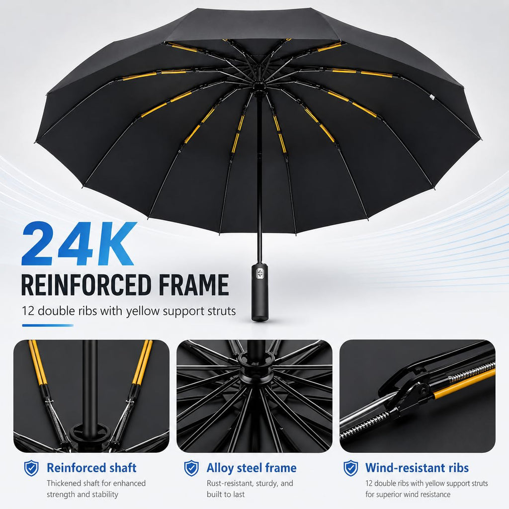 24K Strongest Windproof Travel Compact Umbrella Sturdy Frame Automatic Umbrella for Women & Men