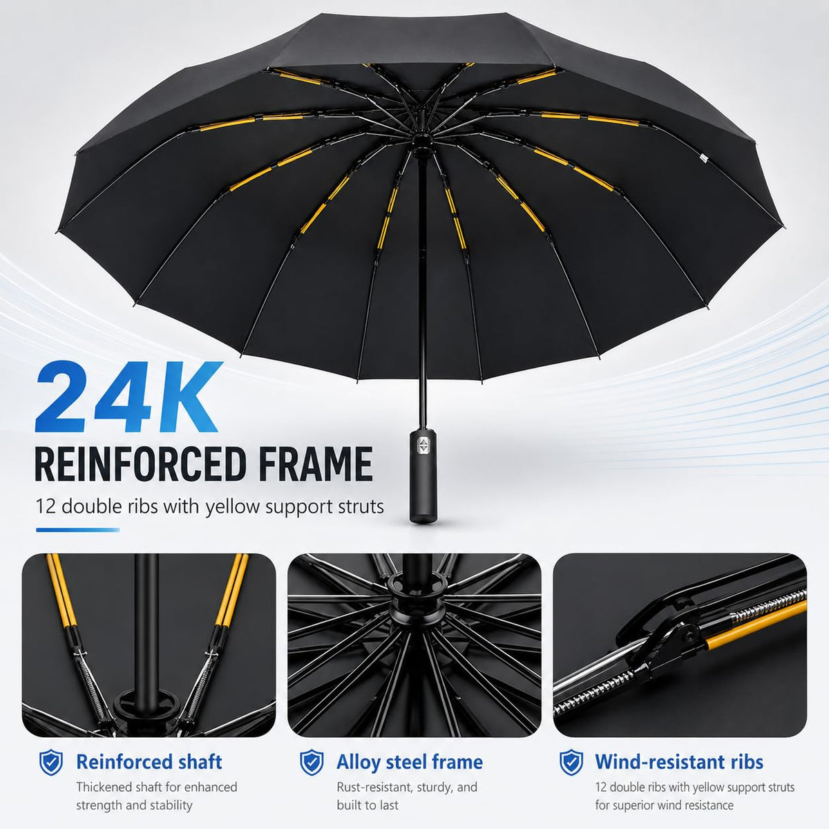 24K Strongest Windproof Travel Compact Umbrella Sturdy Frame Automatic Umbrella for Women & Men