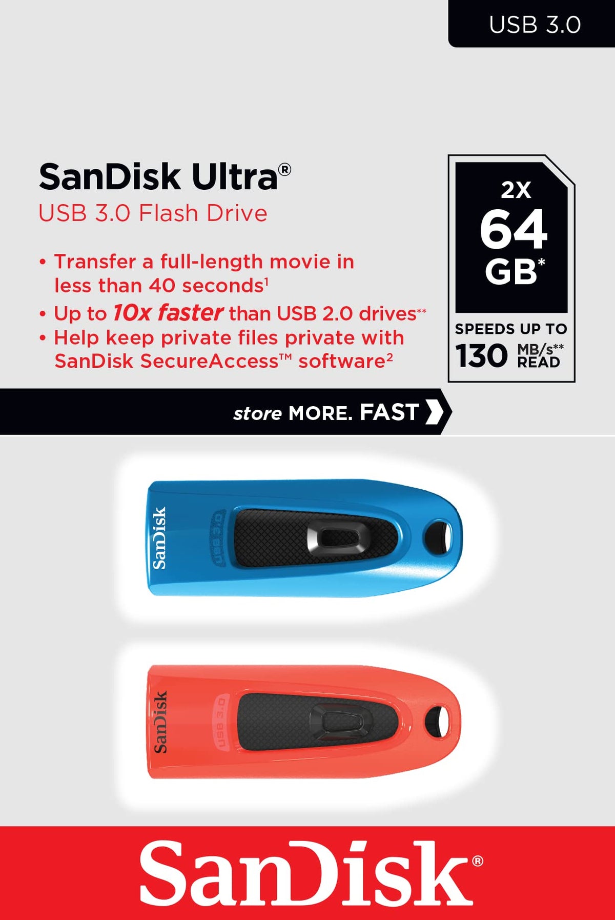SanDisk Ultra 64GB USB Flash Drive USB 3.0 up to 130MB/s Read - Pack of 3