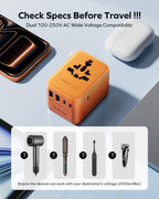 MOMAX Universal Travel Adapter 70W GaN, Travel Plug Adapter for UK/EU/AU/US