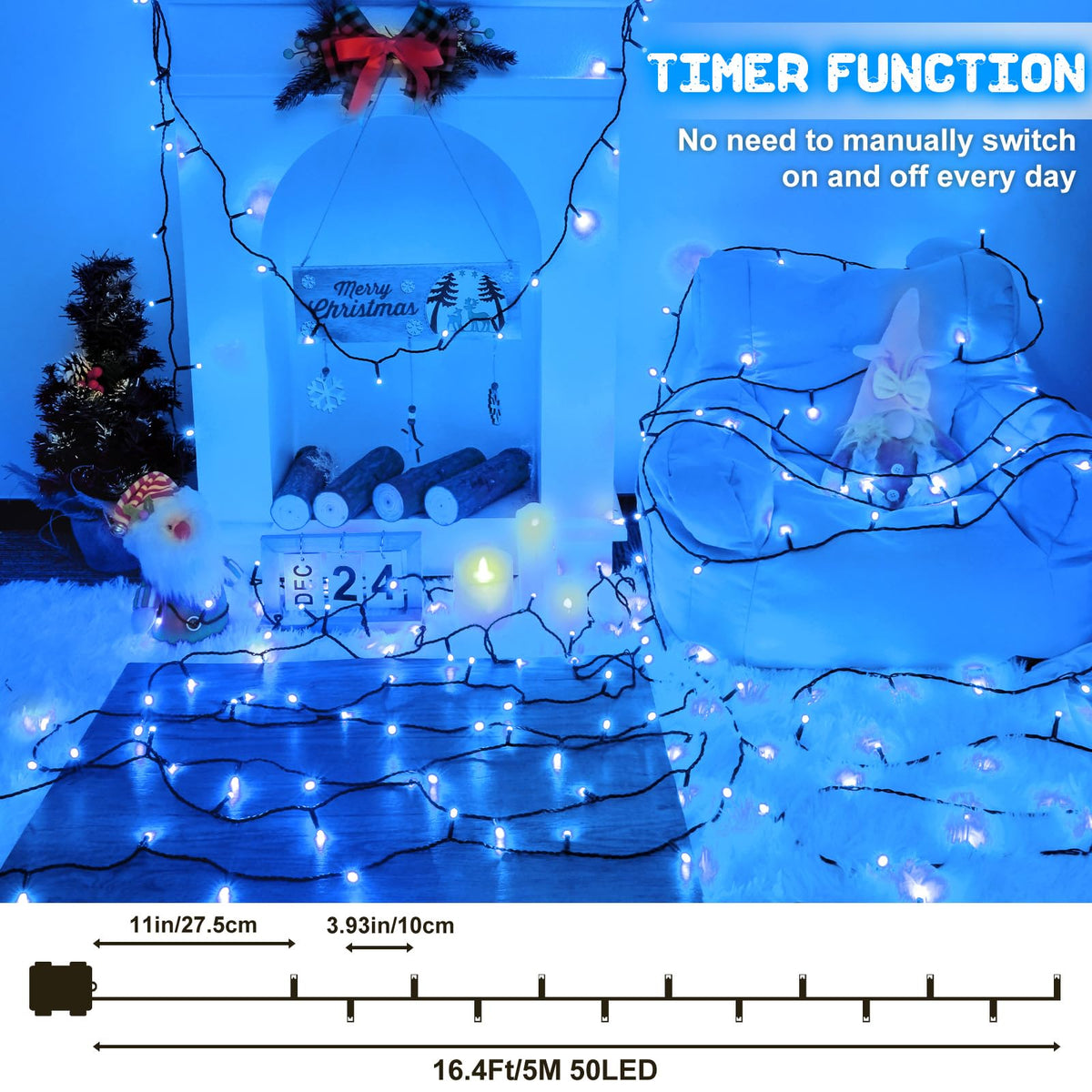 Christmas Lights Outdoor Battery Operated String Lights Total 100LED 33Ft with Timer 8 Modes 16.4Ft*2 Waterproof Outdoor Indoor for Christmas Decor, Warm White, 2-Pack