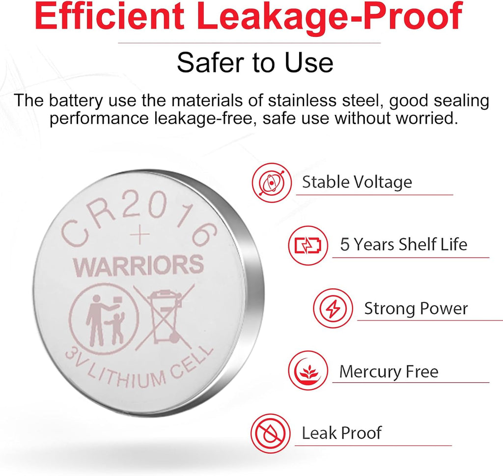 Warriors 5X CR2016 Batteries, 3V Lithium Coin Batteries