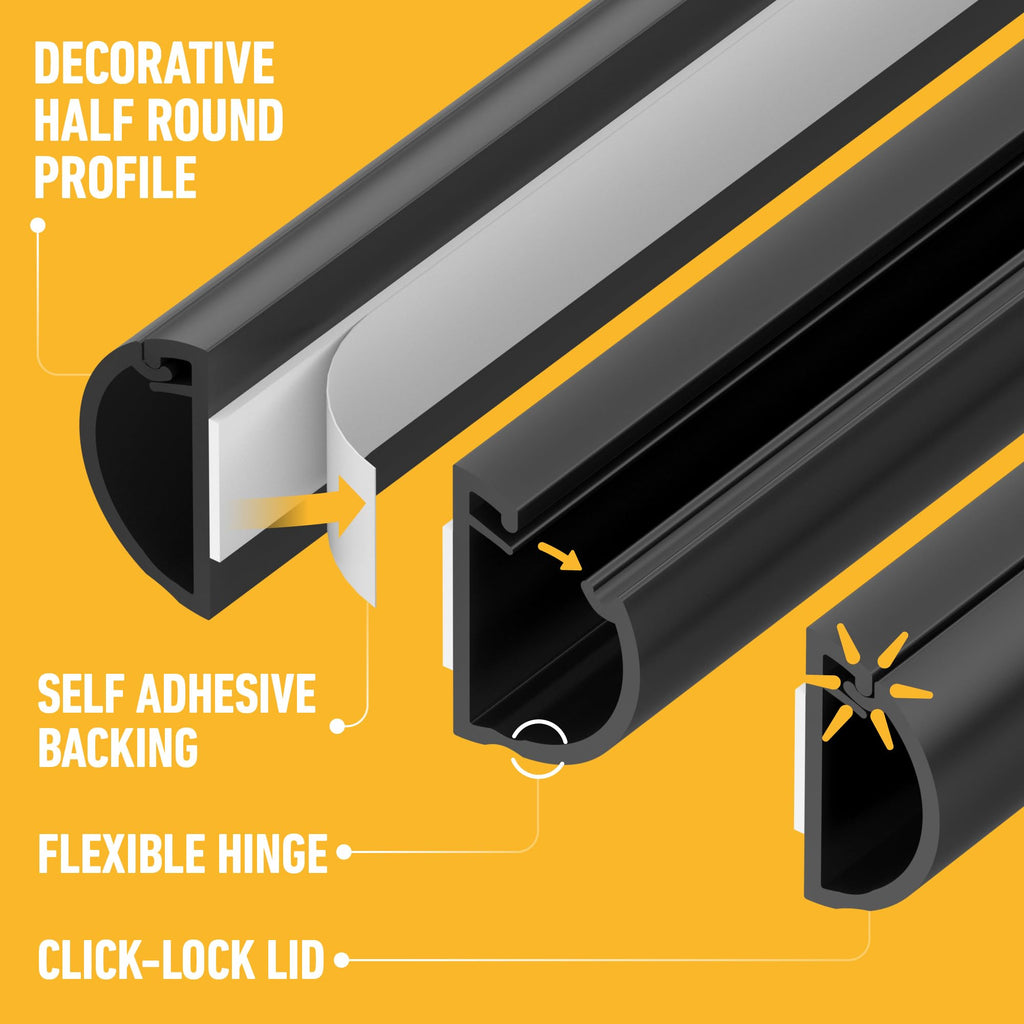 D-Line 30x15mm Cable Trunking 4m Multipack, Half Round Profile, Self-Adhesive Wire Cover, Paintable Cable Management - 10x 30mm (W) x 15mm (H) x 40cm Lengths and Accessories - Aluminium-Effect