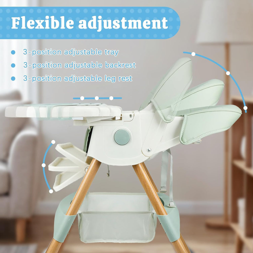 Baby High Chair Foldable Highchair, High Chairs for Babies and Toddlers Adjustable Height & Reclining Seat Detachable Double Tray, Ergonomic Feeding Portable Highchairs for Newborn 6 Months to 5 Years