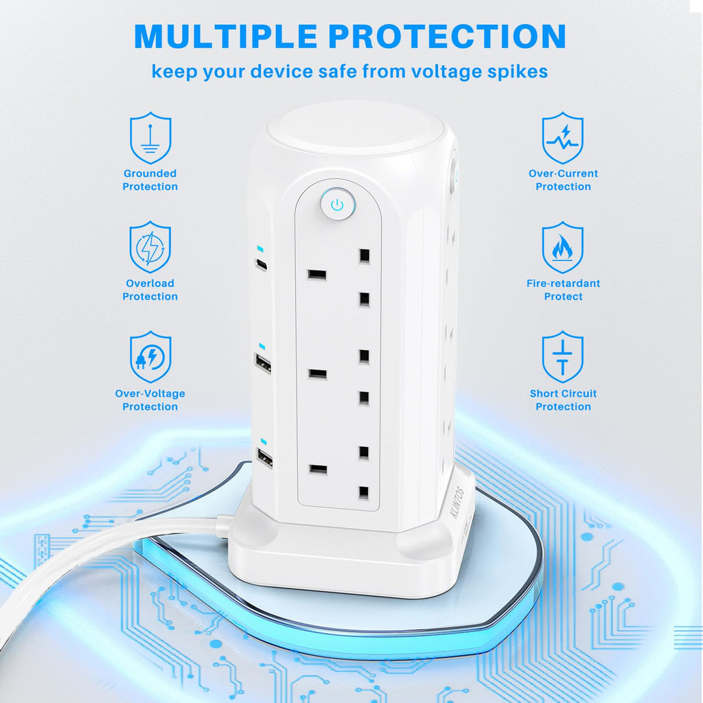 Tower Extension Lead 2M, 12 Way, 6 USB, 4 Independent Switches