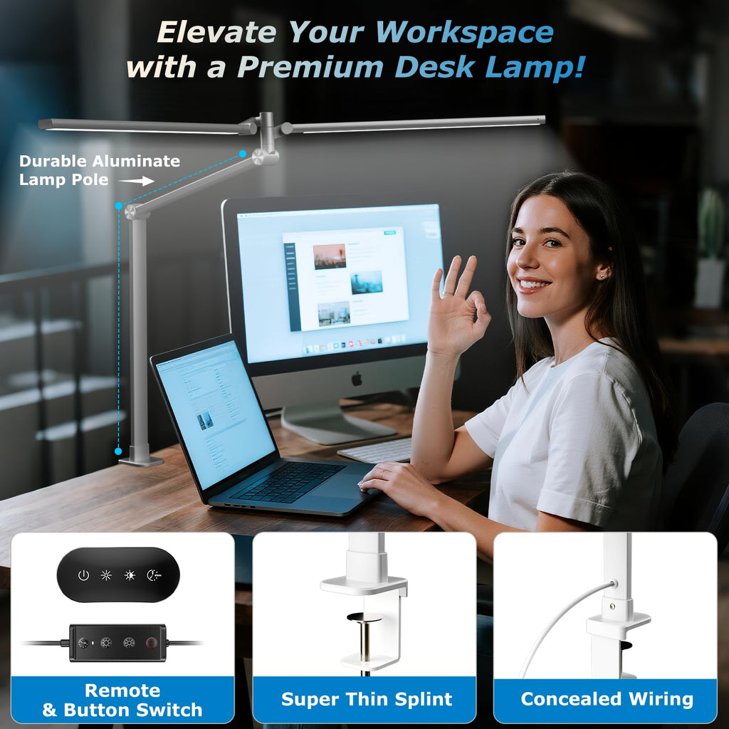 Airlonv LED Desk Lamp with Clamp, 17" Stepless Dimming Light, Black