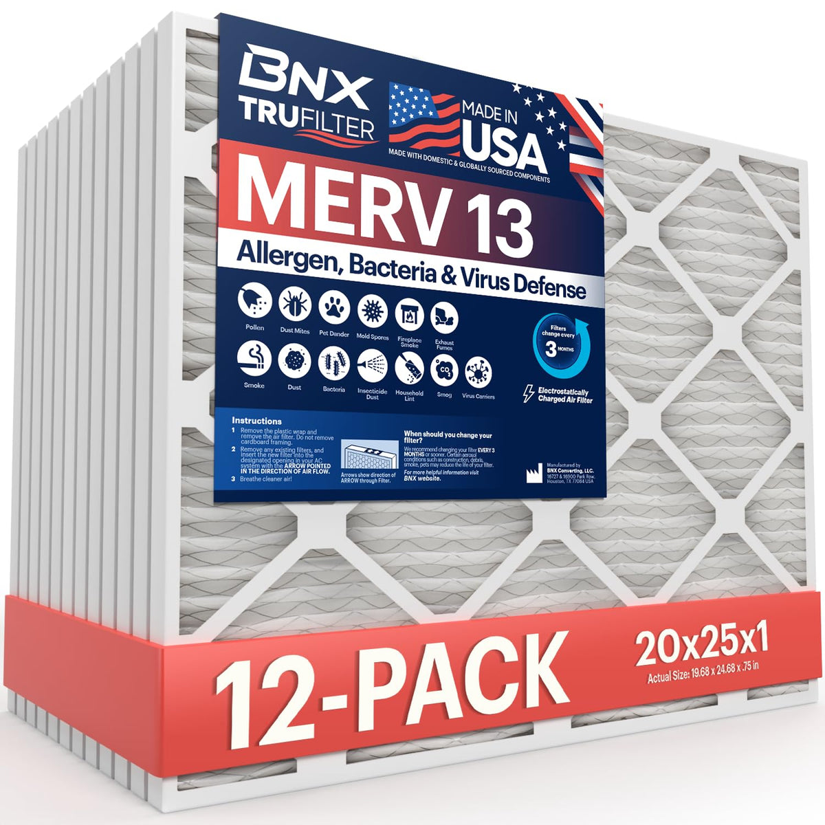 BNX TruFilter 20x20x1 Air Filter MERV 13 Smoke, Allergy, Pet Defense 6-Pack