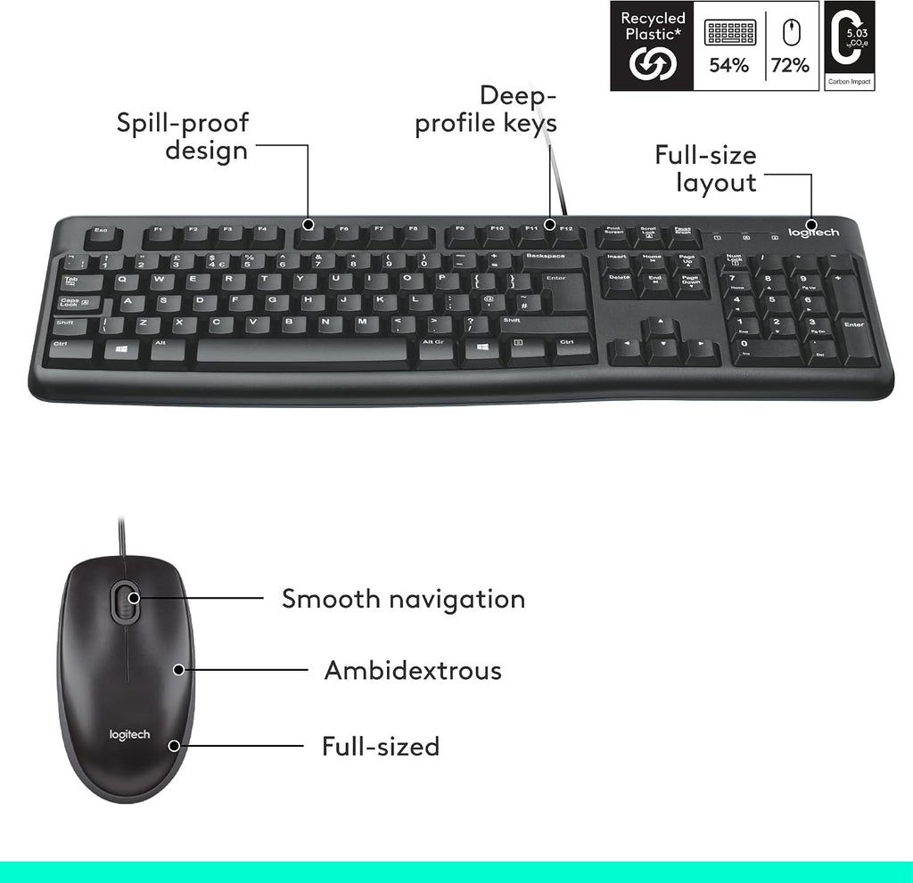 Logitech MK120 Wired Keyboard and Mouse Combo for Windows, Optical Wired Mouse, Full-Size Keyboard, USB Plug-and-Play, Compatible with PC, Laptop, QWERTY UK English Layout - Black