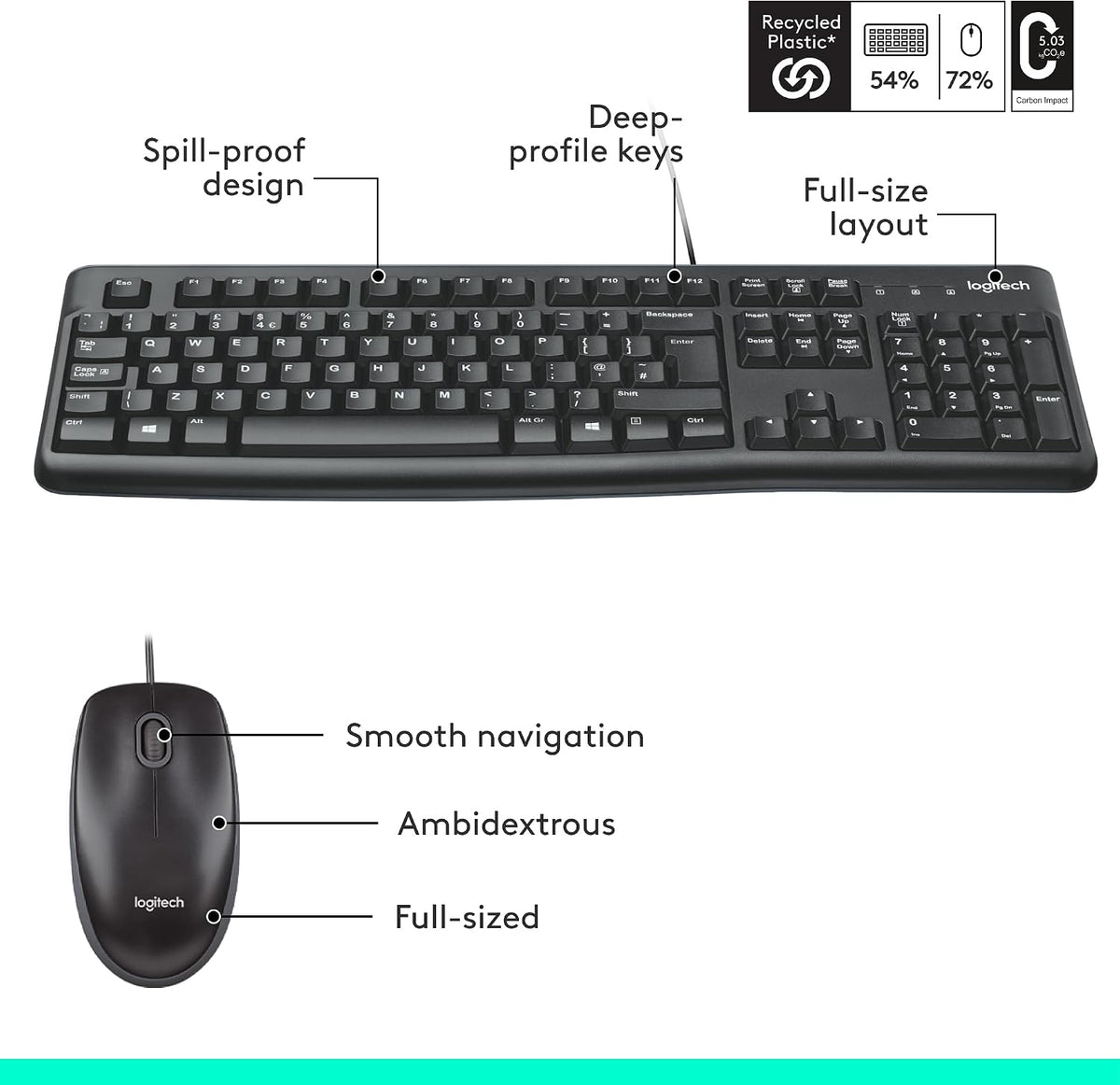 Logitech MK120 Wired Keyboard and Mouse Combo for Windows, Optical Wired Mouse, Full-Size Keyboard, USB Plug-and-Play, Compatible with PC, Laptop, QWERTY UK English Layout - Black