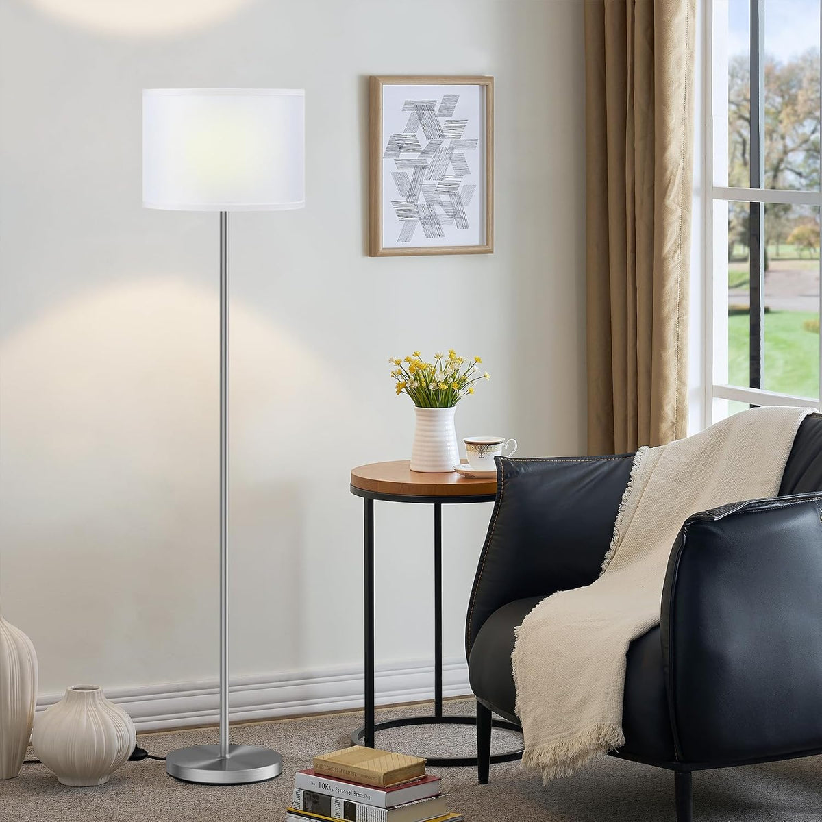 Ambimall Floor Lamp for Living Room with Smart Light Bulb, RGB + Stepless Dimmable Colors Temperature & Brightness(White Shade & Black Pole)