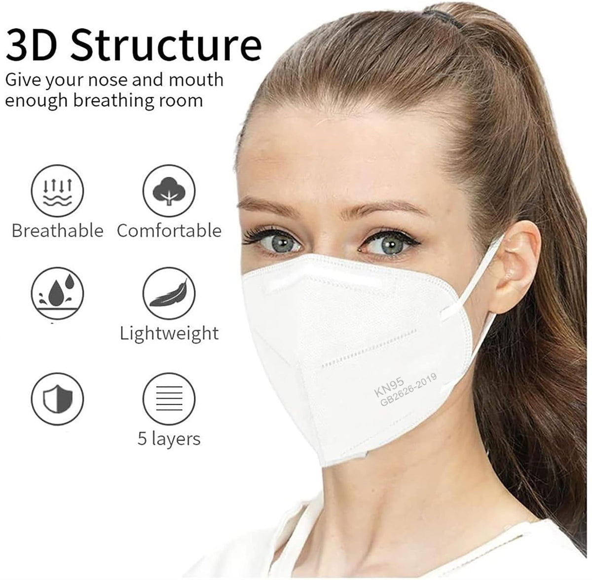 LEMENT 50pcs KN95 Face Mask Black 5-Layer Filter≥95% Cup Dust Safety Masks