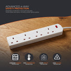 Wolf Power 4 Way Extension Lead, 2 Metre Extension Cable with UK 3 Pin Plug, Multi Socket Power Strip, Wall Mountable, Suitable for Home, Office & Appliances (White, 1 Pack)