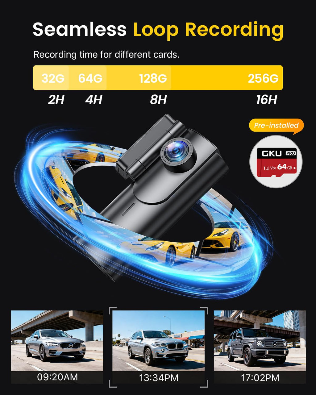 GKU 4K Dash Cam Front and Rear, 5GHz WiFi GPS, 64GB SD Card Included
