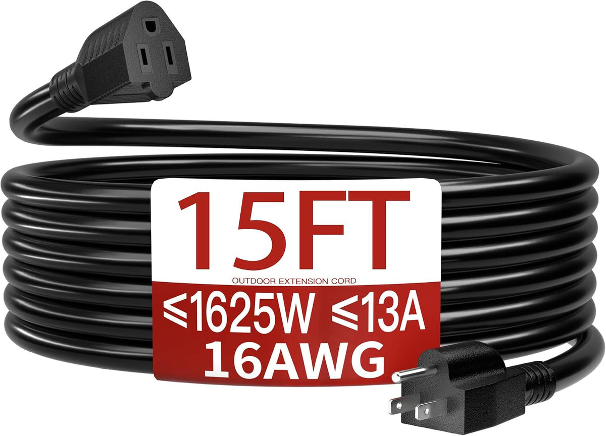Skrizcable 16/3 15 FT Outdoor Extension Cord Waterproof, Black Power Cord