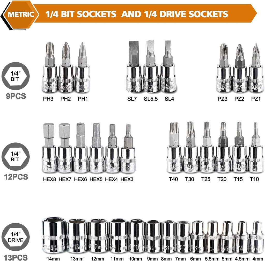 Egofine 46 Pieces 1/4 inch Drive Socket Ratchet Wrench Set, with Bit Socket Set Metric and Extension Bar for Auto Repairing and Household, with Storage Case