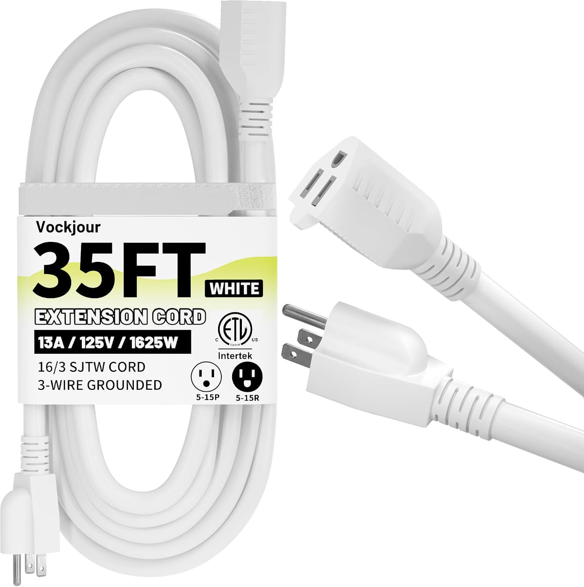 Vockjour 16/3 White Indoor Outdoor Extension Cord 35 Ft Waterproof